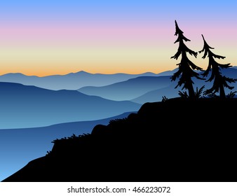 vector illustration misty mountain landscape at sunset