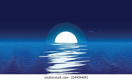 Vector illustration with misty  night moon and reflection on water