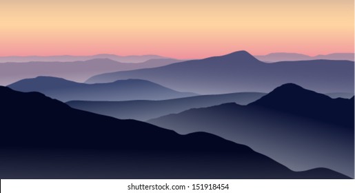 Vector illustration of a misty sunrise in the blue mountains