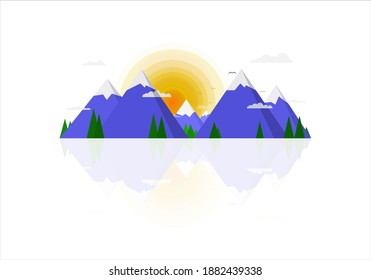 Vector illustration of a misty sunrise in the blue ice mountains