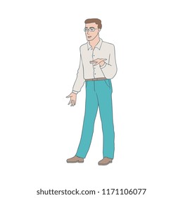Vector illustration of misunderstanding young boy in sketch style isolated on white background - hand drawn male character demonstrating disagreement. Arguing and proving rightness person.