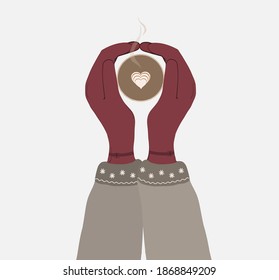 Vector illustration of mittened hands holding a Cup with a heart. Two hands hold a Cup of hot drink. Colorful Winter cartoon illustration.
