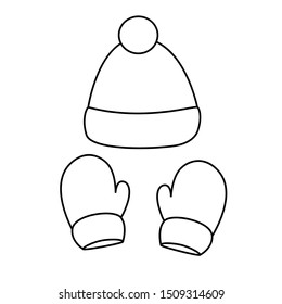 vector illustration of mittens and hat coloring, simple drawing