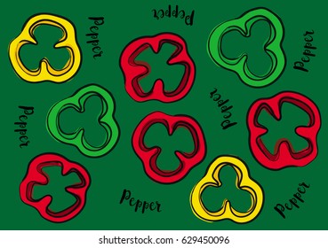 Vector illustration Mix Color Sweet Sliced Pepper on a green background and calligraphic inscription «Pepper»