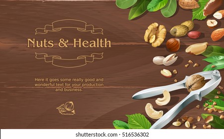 Vector illustration mix of natural raw nuts on wooden background