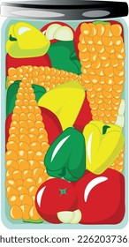 frasco de vidrio con verduras en vinagre, verduras fermentadas en un frasco