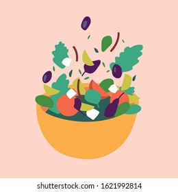 Vector illustration mix of salad leaves. Arugula, spinach, lettuce leaf, watercress and radicchio with greek cheese and vegetables
