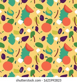 Vector illustration mix of salad leaves. Arugula, spinach, lettuce leaf, watercress and radicchio with greek cheese. Seamless pattern