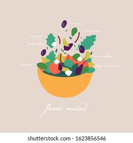 Vector illustration mix of salad leaves. Arugula, spinach, lettuce leaf, watercress and radicchio with greek cheese and vegetables