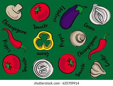 Vector illustration Mix Vegetables on a green background and calligraphic inscription  