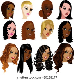 Vector Illustration of Mixed Biracial Women Faces. Great for avatars, makeup, skin tones or hair styles of mixed women.
