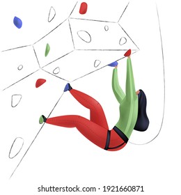 Vector illustration with mixed linear and 3D stylistics. It shows female climber climbing wall. Concept of healthy lifestyle, physical activity.