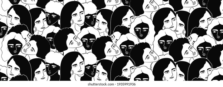 Vector illustration mixed race four diverse women and express positive emotions, smile pleasantly, Asian female shapes heart gesture, stand next to each other