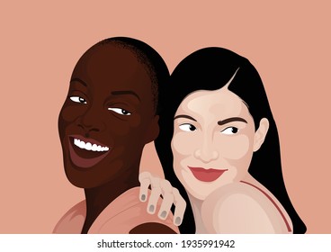 Vector illustration mixed race four diverse women and express positive emotions, smile pleasantly, Asian female shapes heart gesture, stand next to each other