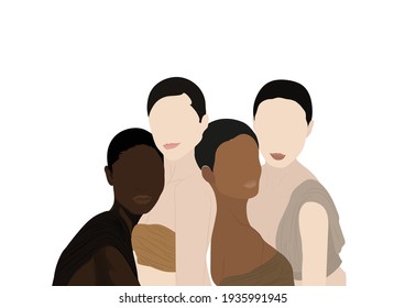 Vector illustration mixed race four diverse women and express positive emotions, smile pleasantly, Asian female shapes heart gesture, stand next to each other