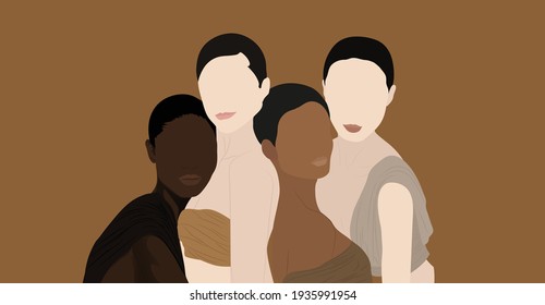 Vector illustration mixed race four diverse women and express positive emotions, smile pleasantly, Asian female shapes heart gesture, stand next to each other