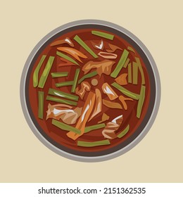 Vector illustration mixed Vegetable Orange Curry placed in a bowl on a light brown background.