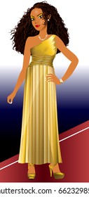 Vector Illustration of mixed woman with gold dress and red carpet.