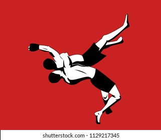 Vector illustration of mma fighters on red background. Supplex in mma.