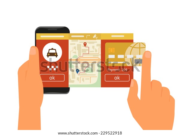 Vector illustration of\
mobile app for booking taxi. Human hand holds smartphone with taxi\
service app to book a car and make mobile online payment by credit\
card