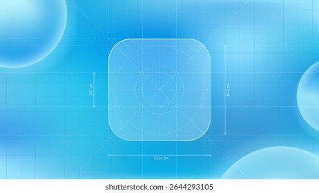 Vector illustration of mobile app icon with measurement lines. UI layout with guides showing size and spacing. Ideal for design specs, interface guidelines, and app development visuals. Editable lines
