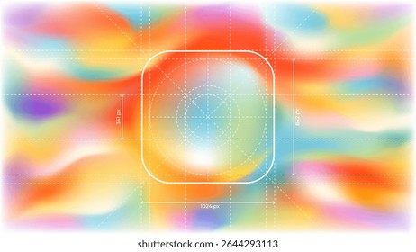 Vector illustration of mobile app icon with measurement lines. UI layout with guides showing size and spacing. Ideal for design specs, interface guidelines, and app development visuals. Editable lines