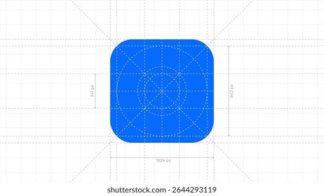 Ilustração vetorial do ícone do aplicativo móvel com linhas de medida. Layout de interface do usuário com guias mostrando tamanho e espaçamento. Ideal para especificações de design, diretrizes de interface e visuais de desenvolvimento de aplicativos. Linhas editáveis