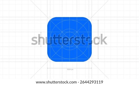 Vector illustration of mobile app icon with measurement lines. UI layout with guides showing size and spacing. Ideal for design specs, interface guidelines, and app development visuals. Editable lines