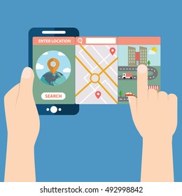 Vector illustration of mobile app for location and navigation.