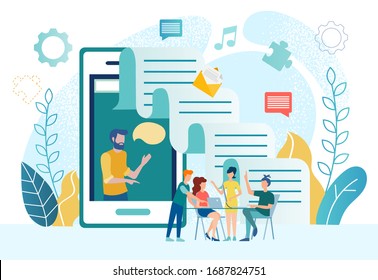 vector illustration mobile app teamwork office concept. a man on a mobile phone screen gestures while communicating with the work team, teaching, coaching online communication with the world