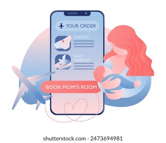 Vector illustration of a mobile app where a mom with a baby can order diapers and other essentials, book a mom room at the airport, featuring a woman holding her baby with a plane in the background. 