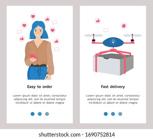 Vector illustration with mobile application for contactless delivery. Stay home, make your reservation easy. Parcel flies on a drone. Girl makes an order