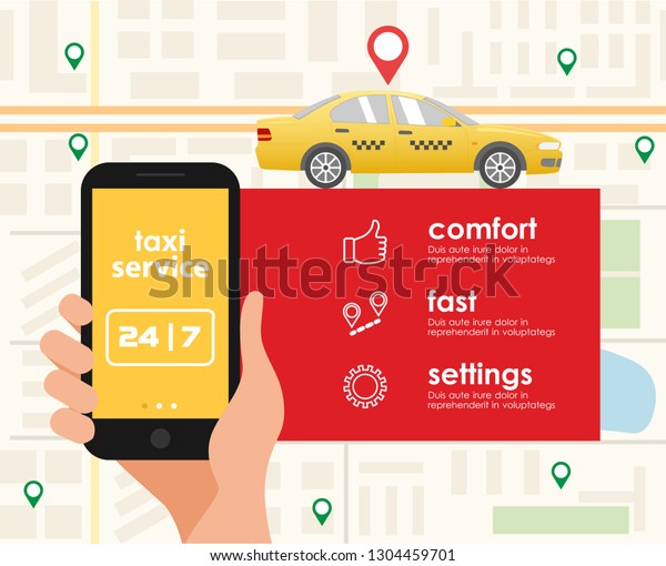 Vector
illustration of mobile application taxi service. Flat style. Good
for advertisement, banners, posters and 
cards.