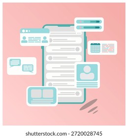 Ilustración vectorial de una interfaz de usuario de aplicación móvil con Elementos Video de interfaz de usuario flotantes como avatares de perfil, burbujas de chat, calendarios, barras de progreso y listas de datos.