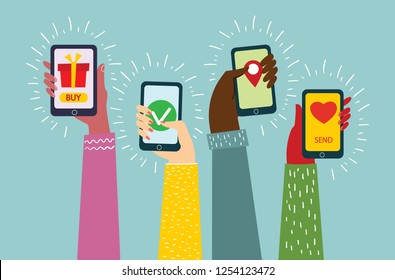 Vector illustration of Mobile applications concept. Hands with smartphones in the flat design.