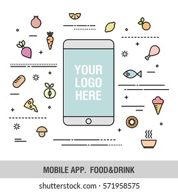 Vector illustration of mobile applications Recipes, Healthy diet, Food delivery, Online restaurant, Online shop. Food and drink design concept in filled outline style.