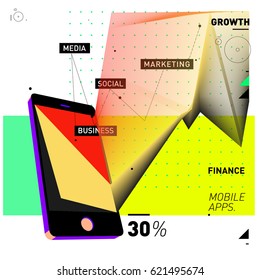 Vector illustration Mobile apps Digital Marketing. Smart phone and Apps Poster. 3d and Dynamic design illustration. Design Templates for Internet Business.
