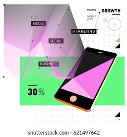 Vector illustration Mobile apps Digital Marketing. Smart phone and Apps Poster. 3d and Dynamic design illustration. Design Template for Internet Business.