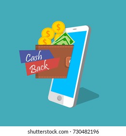 Vector illustration of mobile banking. Cash back or refund app. Smart phone with mobile wallet. Ecommerce