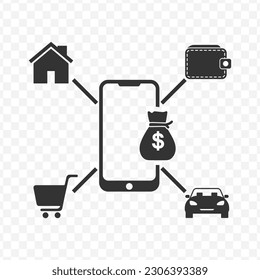 Vector illustration of mobile banking icon in dark color and transparent background(png).