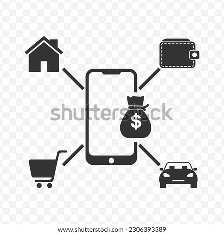 Vector illustration of mobile banking icon in dark color and transparent background(png).