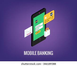 vector illustration of mobile banking with user interface. Phone, lock and credit card.