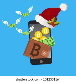 Vector illustration of mobile bitcoin payment on Christmas holidays concept. Mobile cryptocurrency. Blockchain integration. Bitcoin payment, transaction or donation