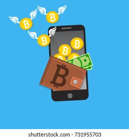Vector illustration of mobile bitcoin payment concept. Mobile cryptocurrency. Blockchain integration. Bitcoint payment, transaction or donation