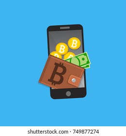 Vector illustration of mobile bitcoin payment concept. Mobile cryptocurrency. Blockchain integration. Bitcoint payment, transaction or donation