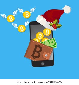 Vector illustration of mobile bitcoin payment on christmas holidays concept. Mobile cryptocurrency. Blockchain integration. Bitcoint payment, transaction or donation