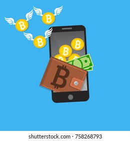 Vector illustration of mobile bitcoin payment concept. Mobile cryptocurrency. Blockchain integration. Bitcoin payment, transaction or donation