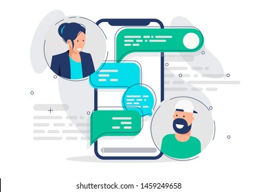 Vector illustration of mobile chat communication template between a girl and a man, cloud with text in messenger