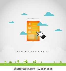 Vector illustration of mobile cloud service concept with phone in the sky.