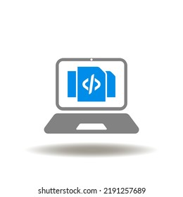 Vector illustration of mobile computer and document list with code sign. Symbol of software programming development. Icon of web development software technology. Sign of language of HTML JAVA PHP SQL.